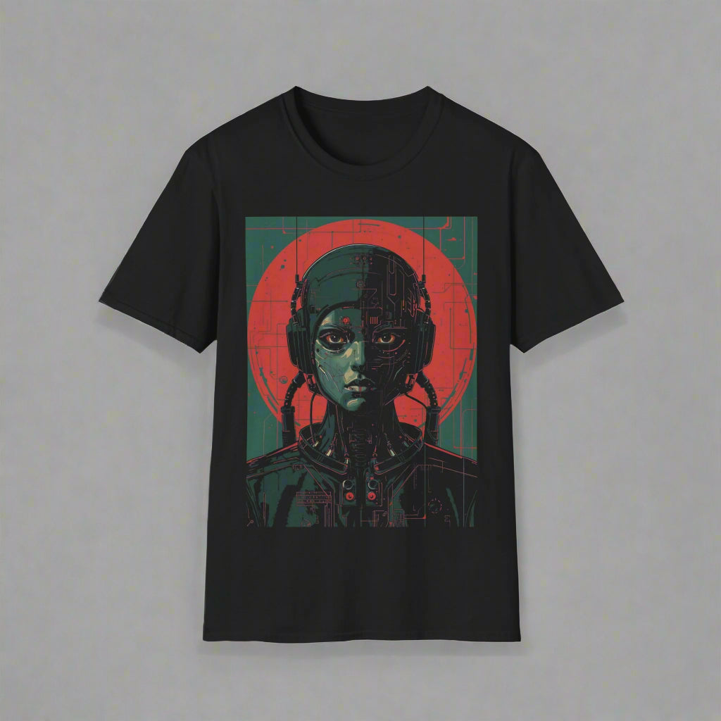Black t-shirt with a graphic design of a woman wearing headphones