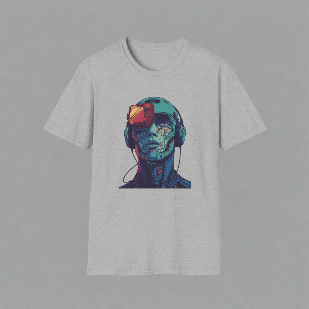 Gray t-shirt with a colorful robot graphic
