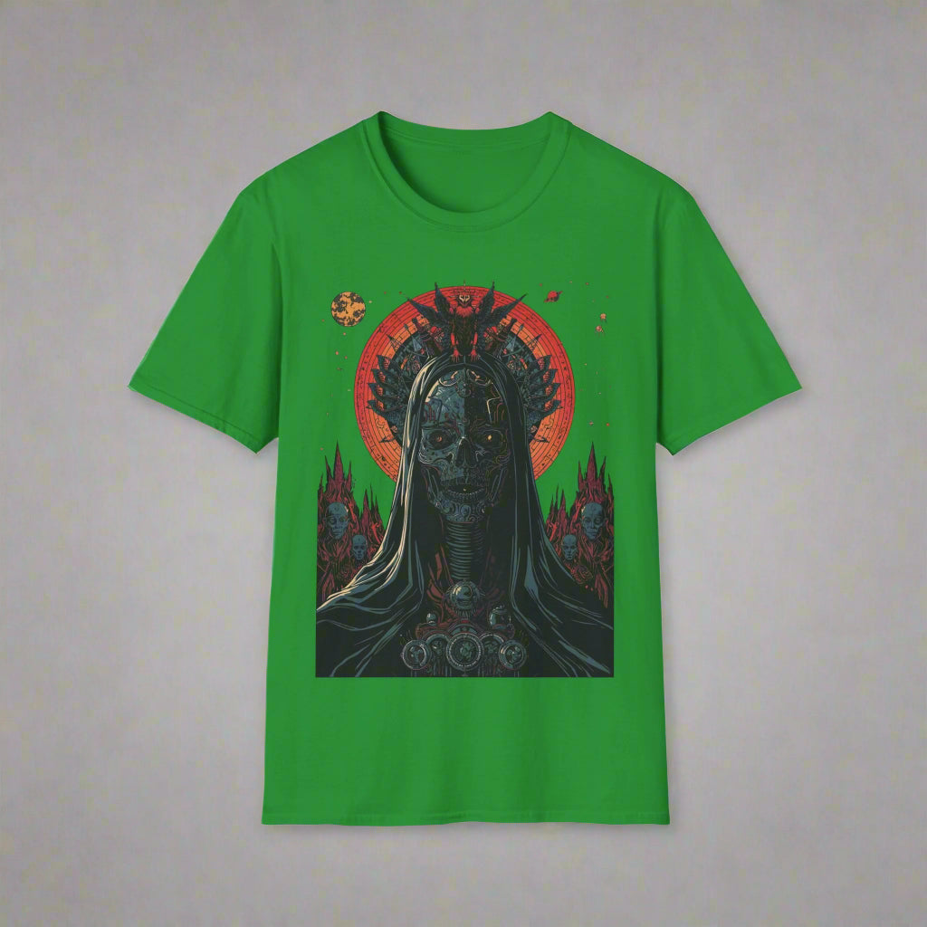 Green t-shirt with a black and red graphic design