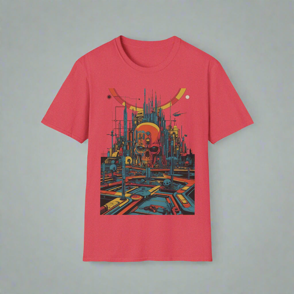 Red t-shirt with a futuristic cityscape design