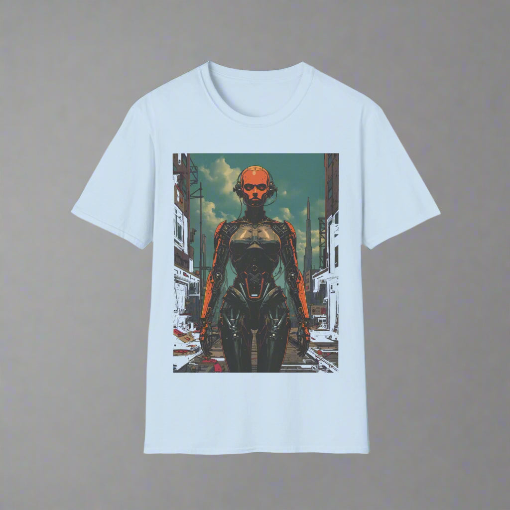 Light blue t-shirt with a graphic of a robot in an urban setting