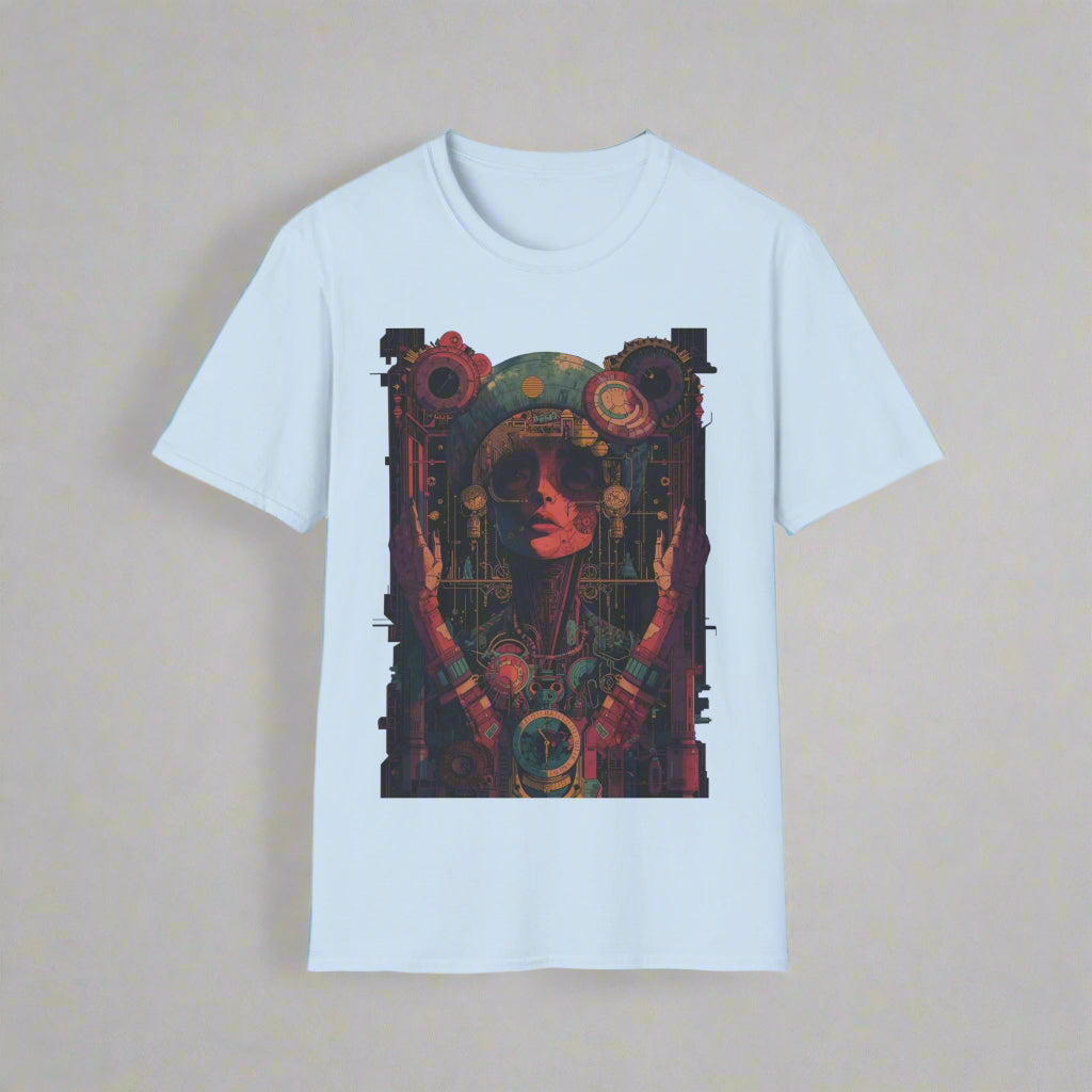 Light blue t-shirt with a colorful graphic design