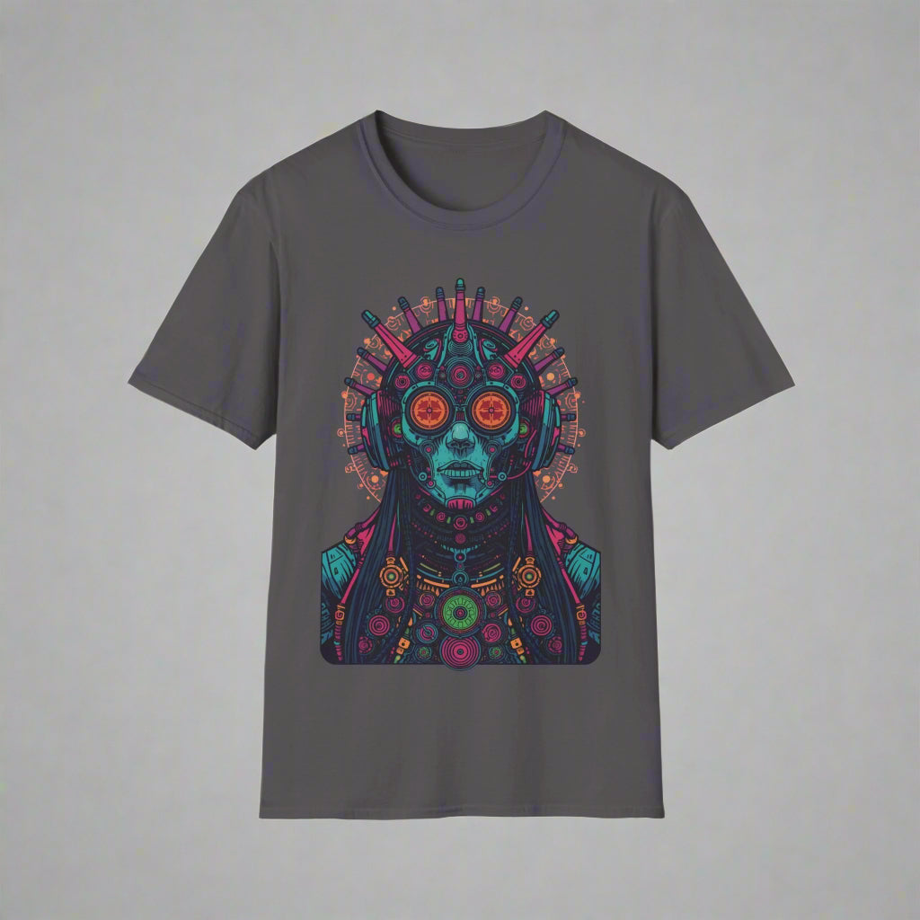 Gray t-shirt with a colorful alien design