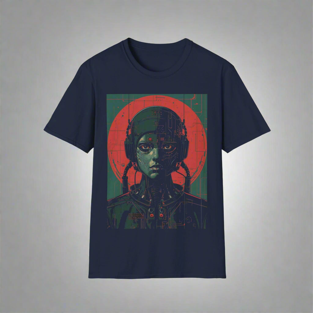 Navy blue t-shirt with a graphic of an alien in headphones
