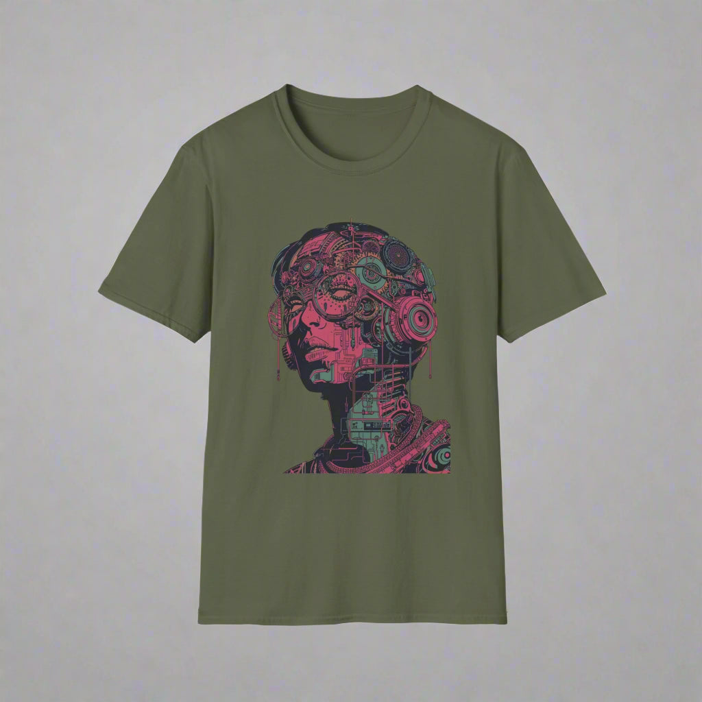Green t-shirt with a mechanical head design