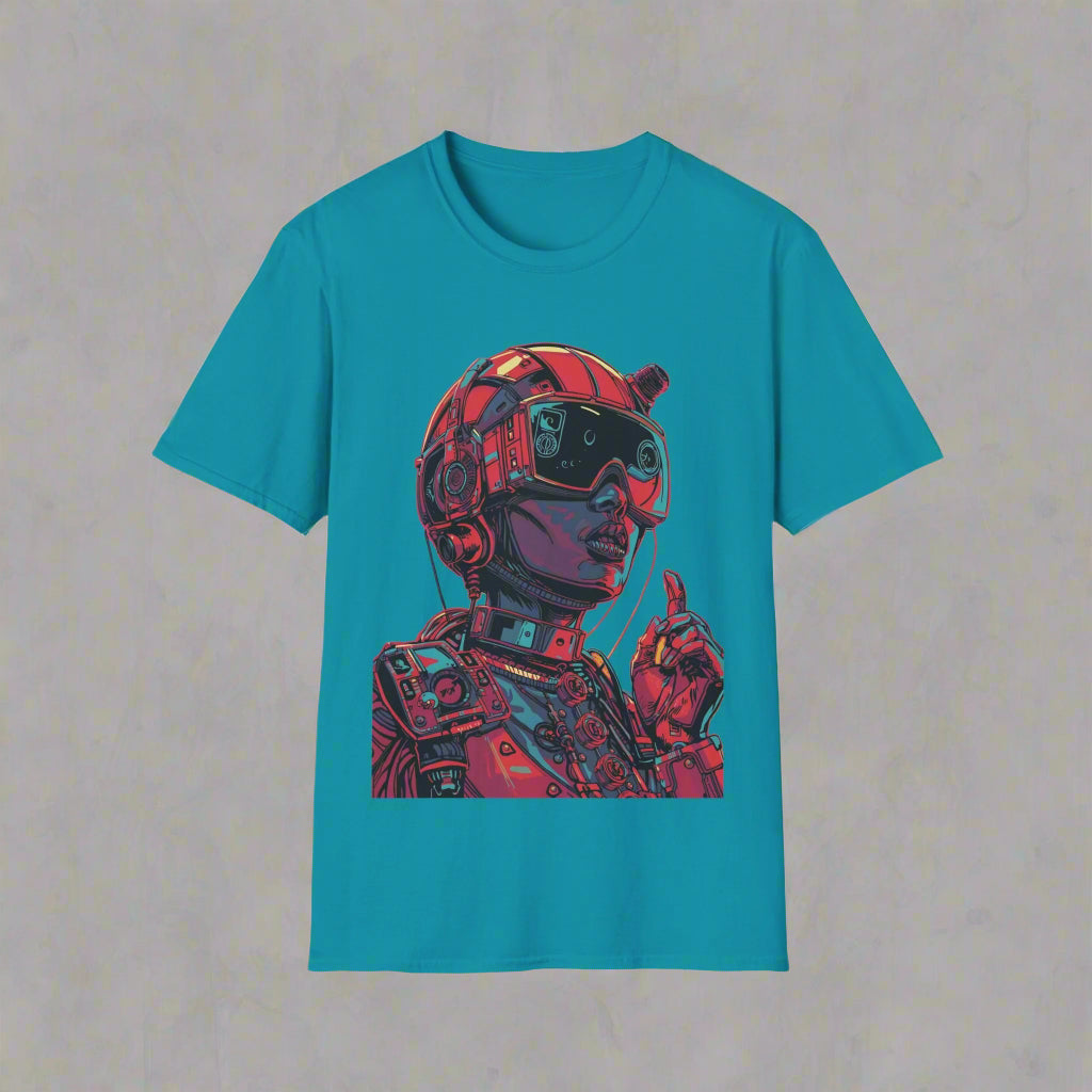 Teal t-shirt with a robot graphic
