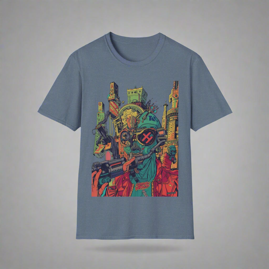 Blue t-shirt with a colorful graphic design