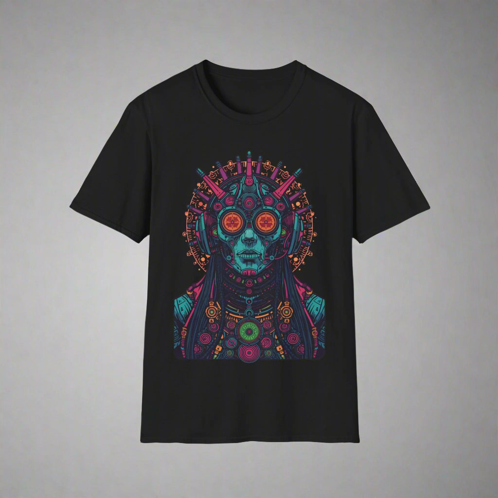 Black t-shirt with a colorful graphic design