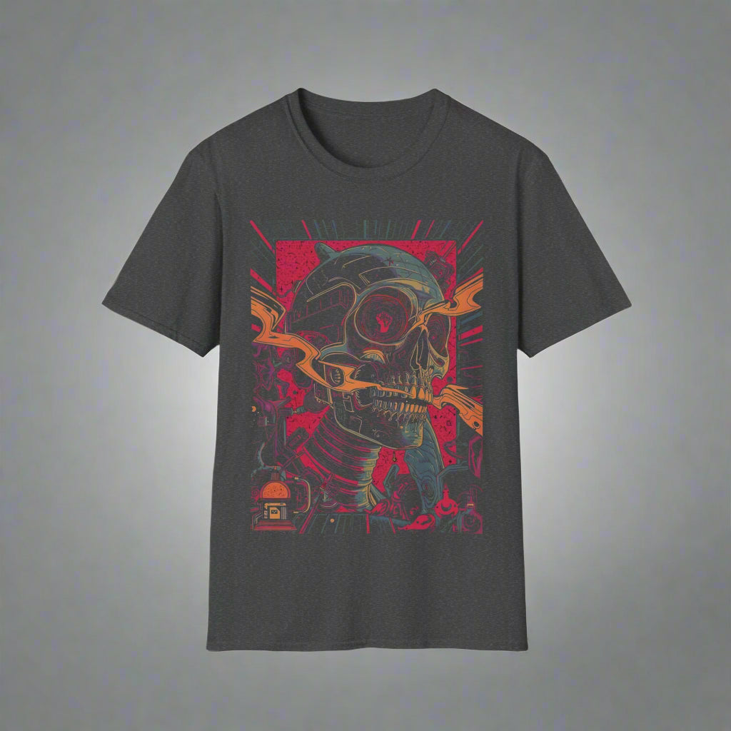 Dark gray t-shirt with a colorful graphic design