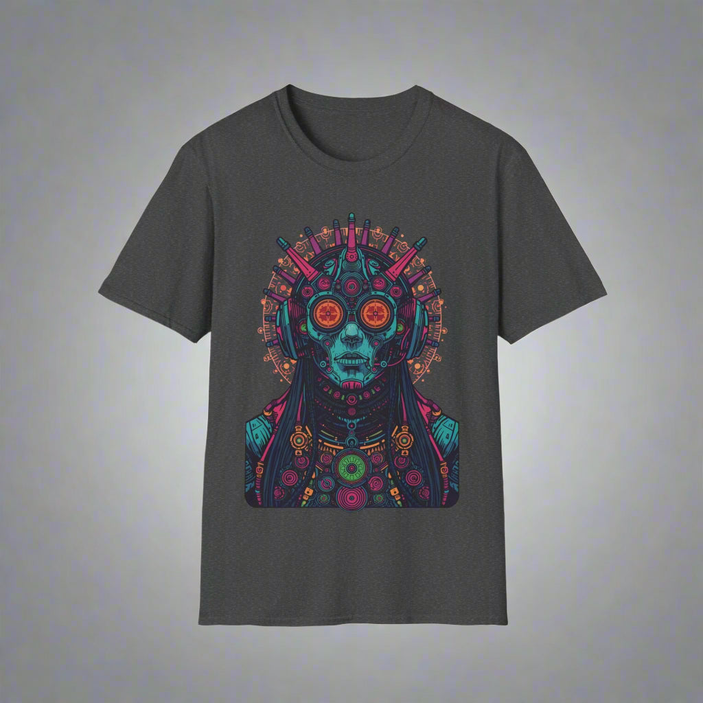 Dark gray t-shirt with a colorful graphic design