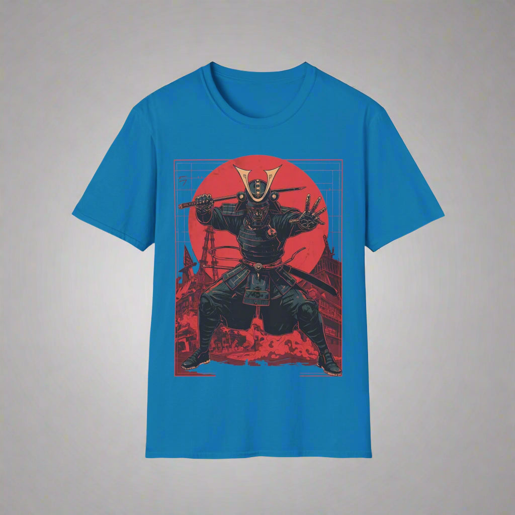 Blue t-shirt with a red and black graphic of a warrior