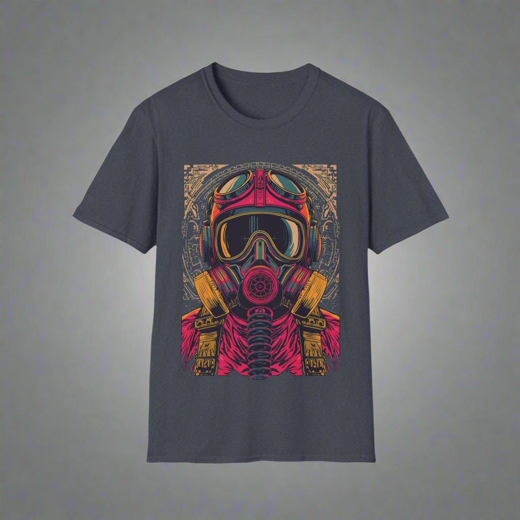 Gray t-shirt with a colorful graphic of a helmet and gas mask