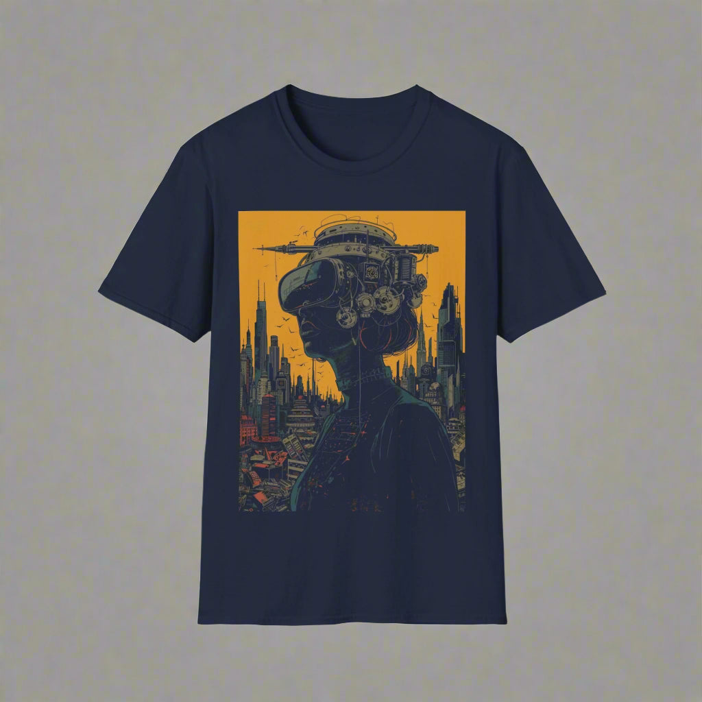 Navy blue t-shirt with a graphic design of a person with mechanical parts for a head against an orange cityscape