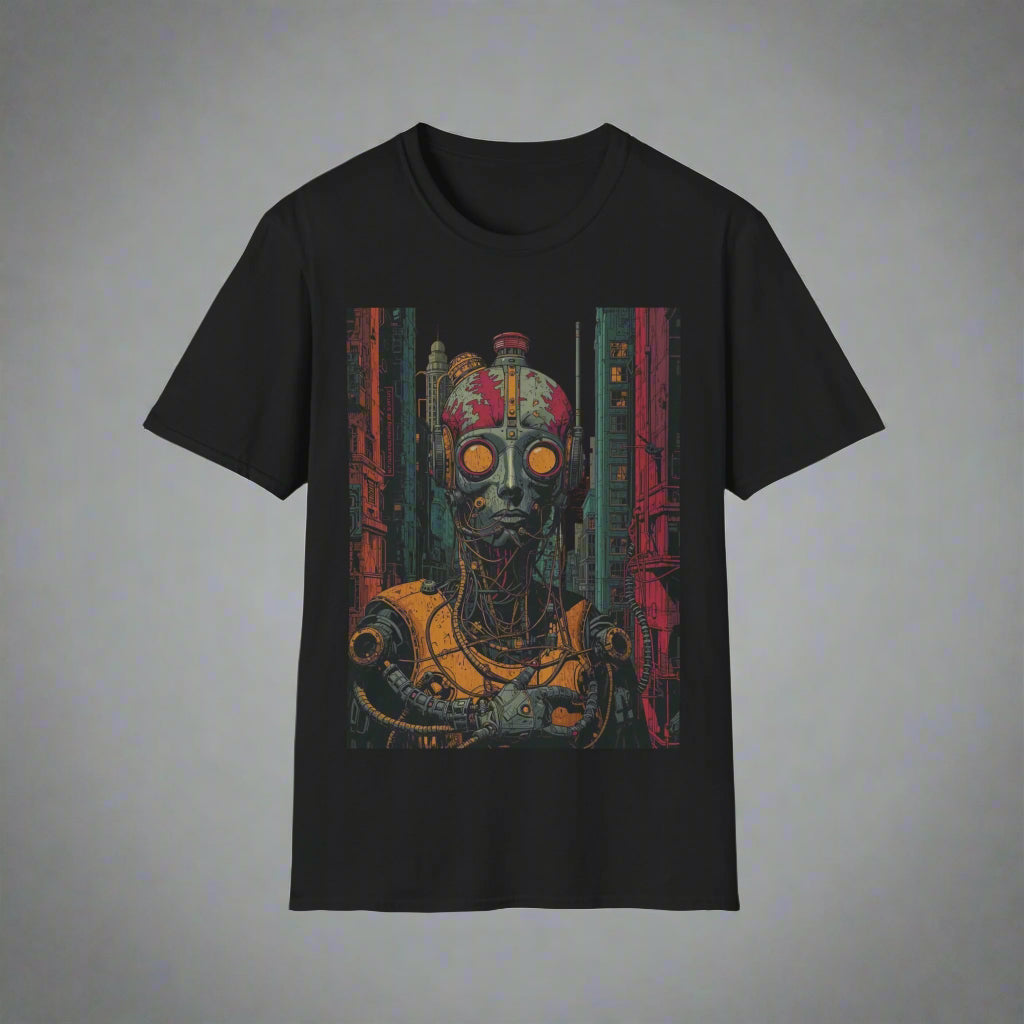 Black t-shirt with a robot graphic design