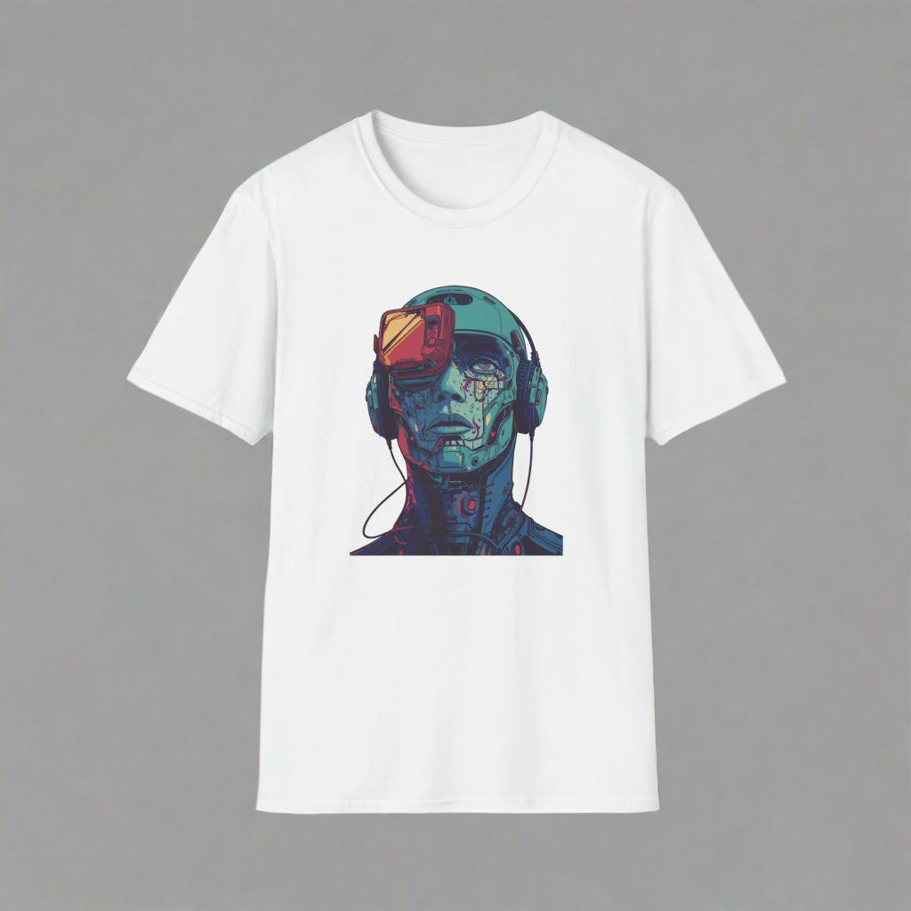 White t-shirt with a graphic design of a person wearing headphones
