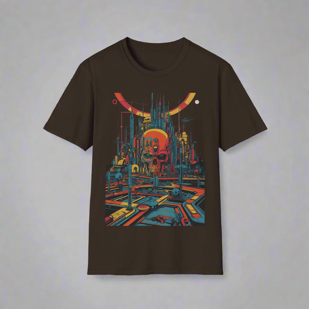 Black t-shirt with a colorful futuristic cityscape design