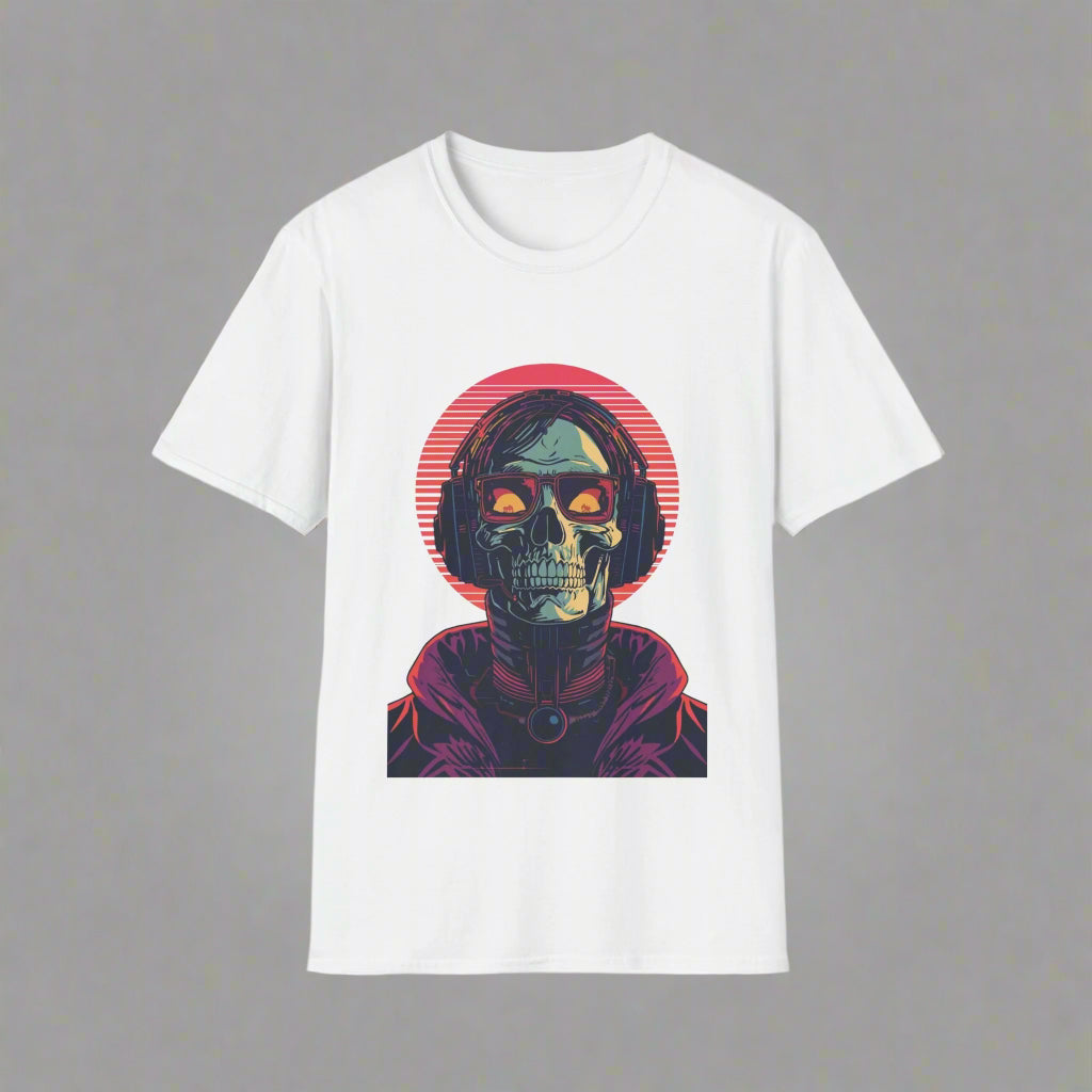 White t-shirt with a graphic design of a stylized skull and red circle