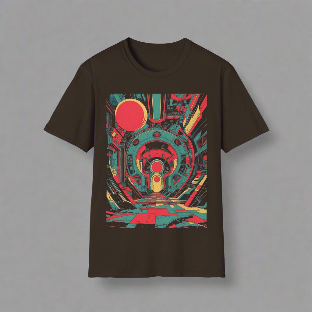 Black t-shirt with a colorful geometric design