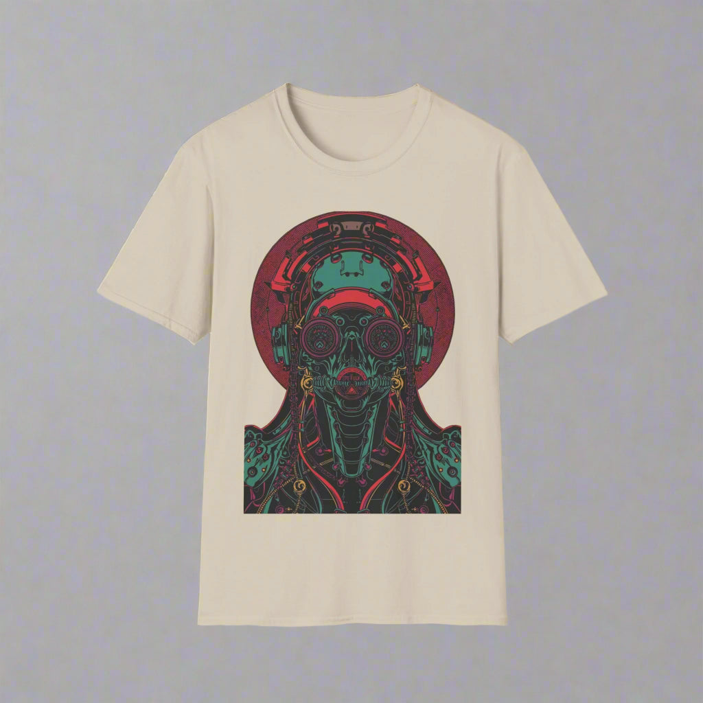 Beige t-shirt with a colorful graphic design