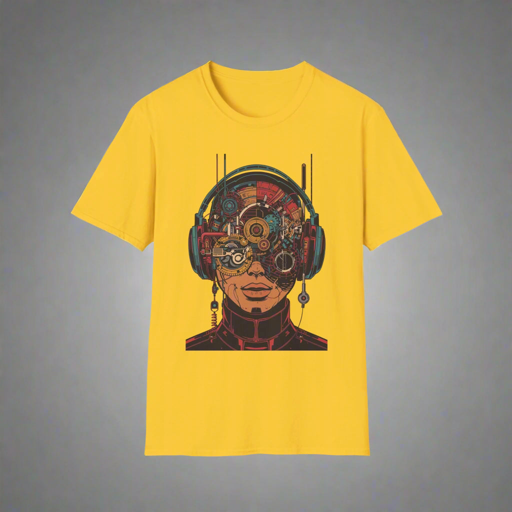 Yellow t-shirt with a mechanical face design