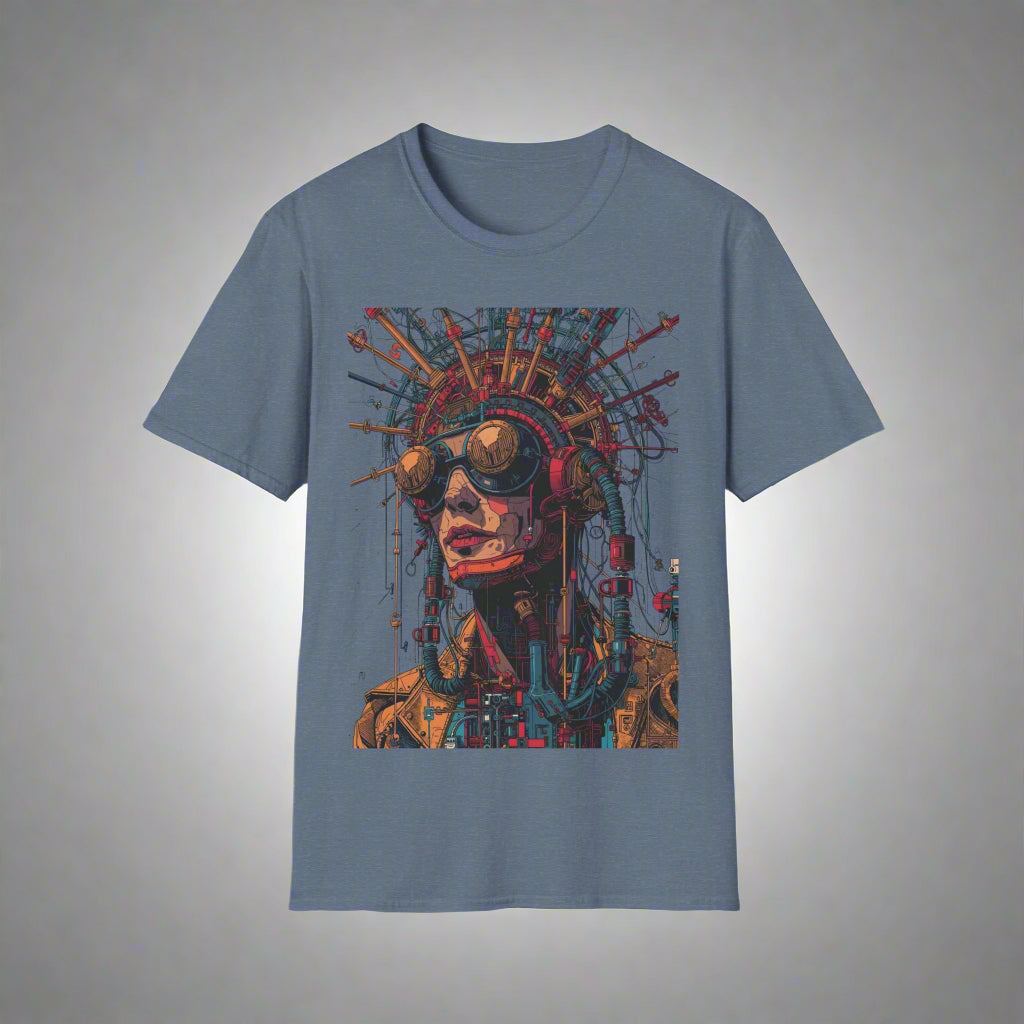 Blue t-shirt with a mechanical face design