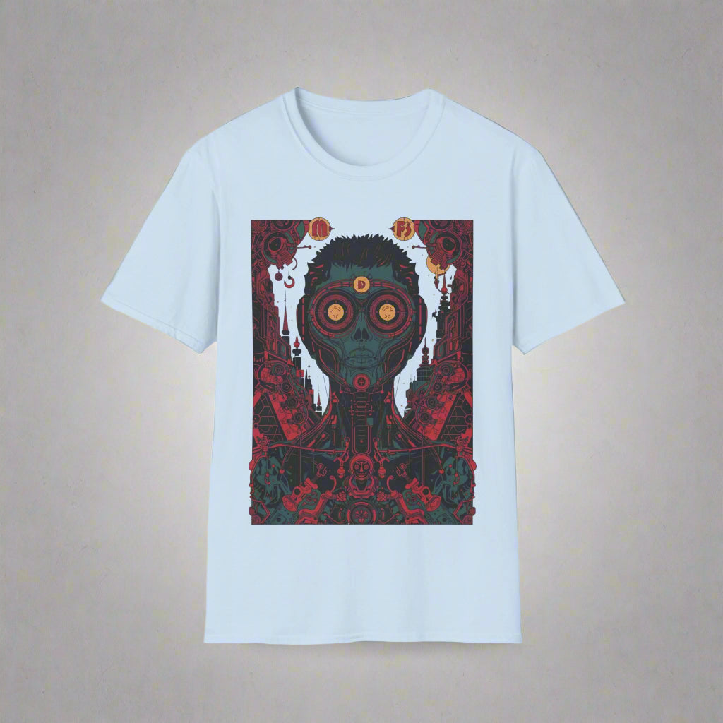 Light blue t-shirt with a graphic design of a mask and floral elements