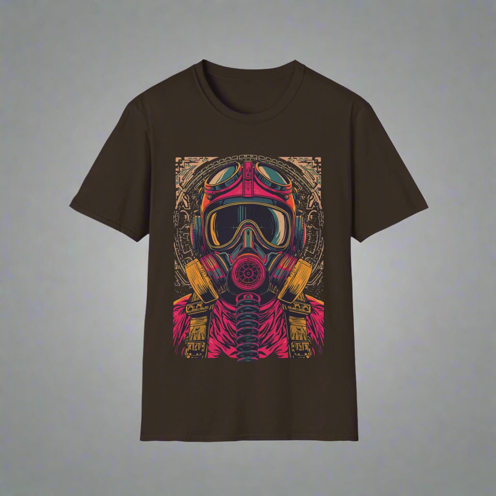 Black t-shirt with a colorful graphic of a helmet and gas mask