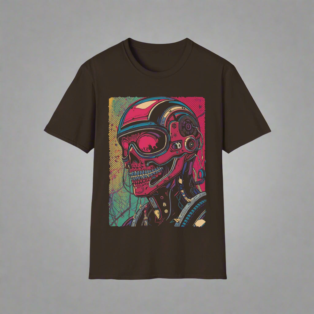 Black t-shirt with a colorful graphic of a helmeted skull