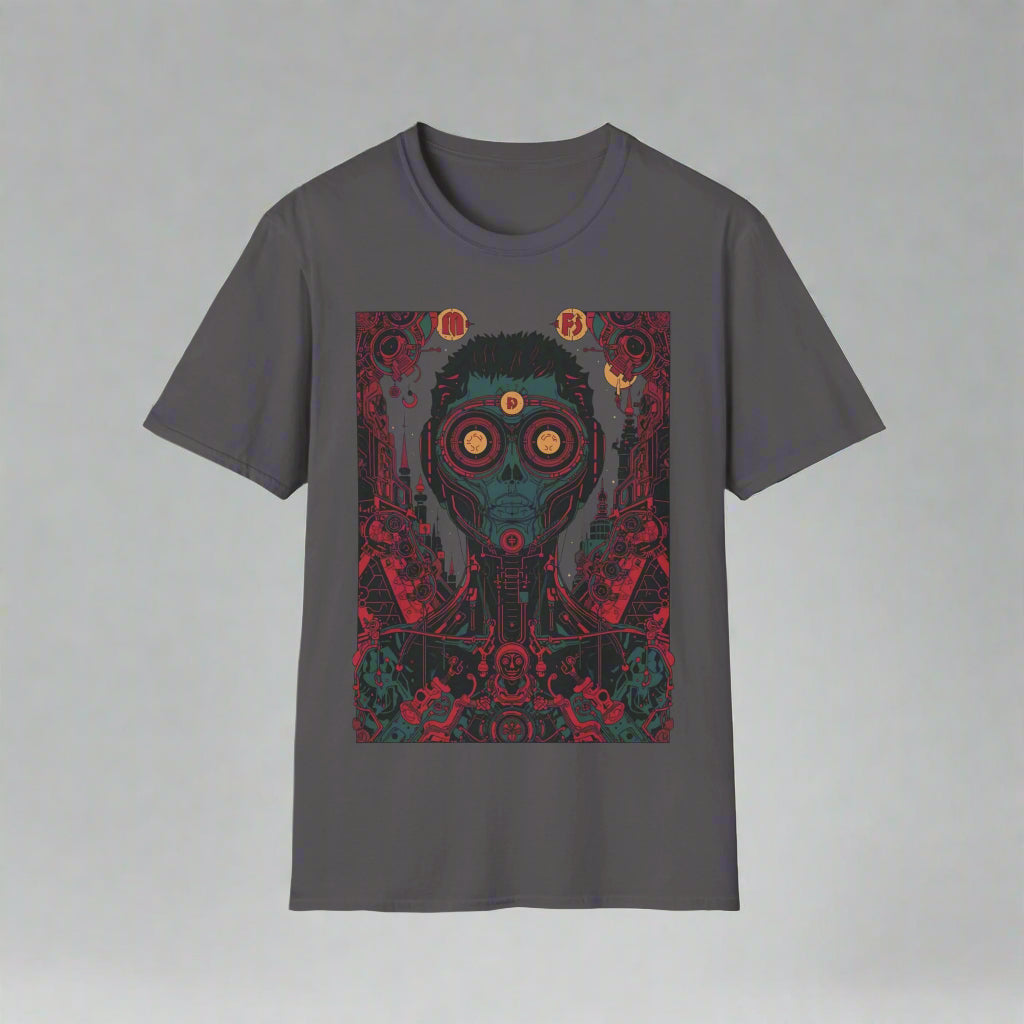 Gray t-shirt with a graphic design of a mask