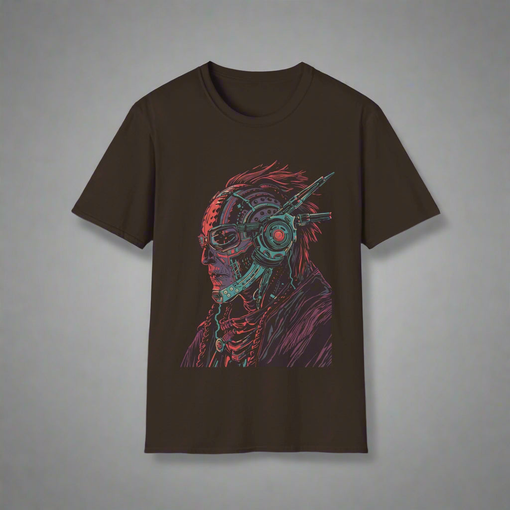 Black t-shirt with a colorful graphic design