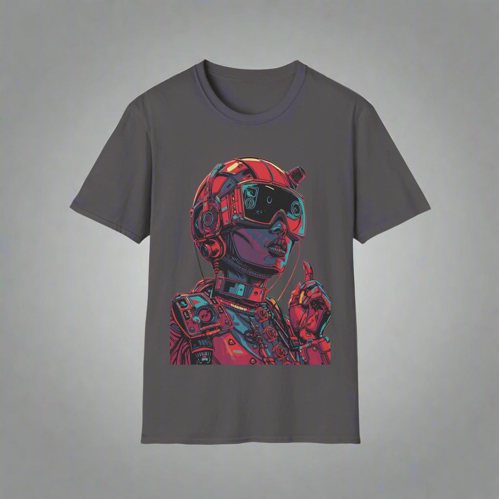 Gray t-shirt with a colorful robot graphic
