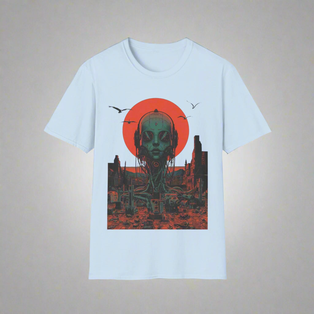 Light blue t-shirt with a graphic design of an alien face and cityscape