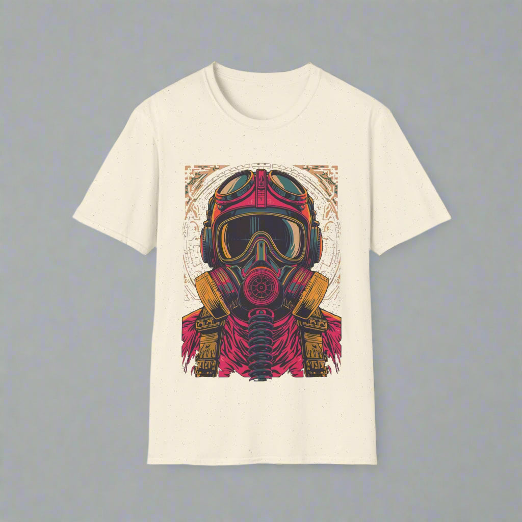 Beige t-shirt with a colorful graphic of a helmet and gas mask