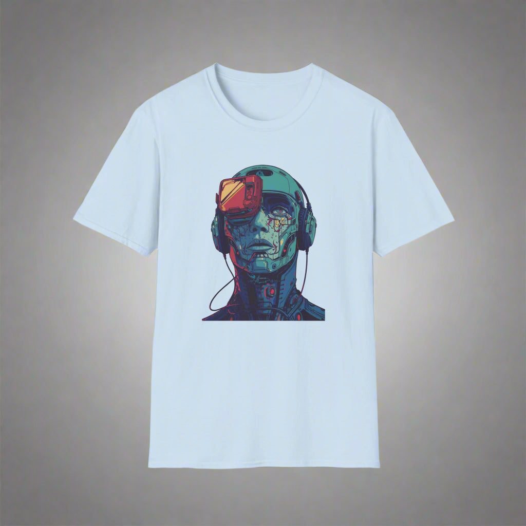 Light blue t-shirt with a graphic of a futuristic head design