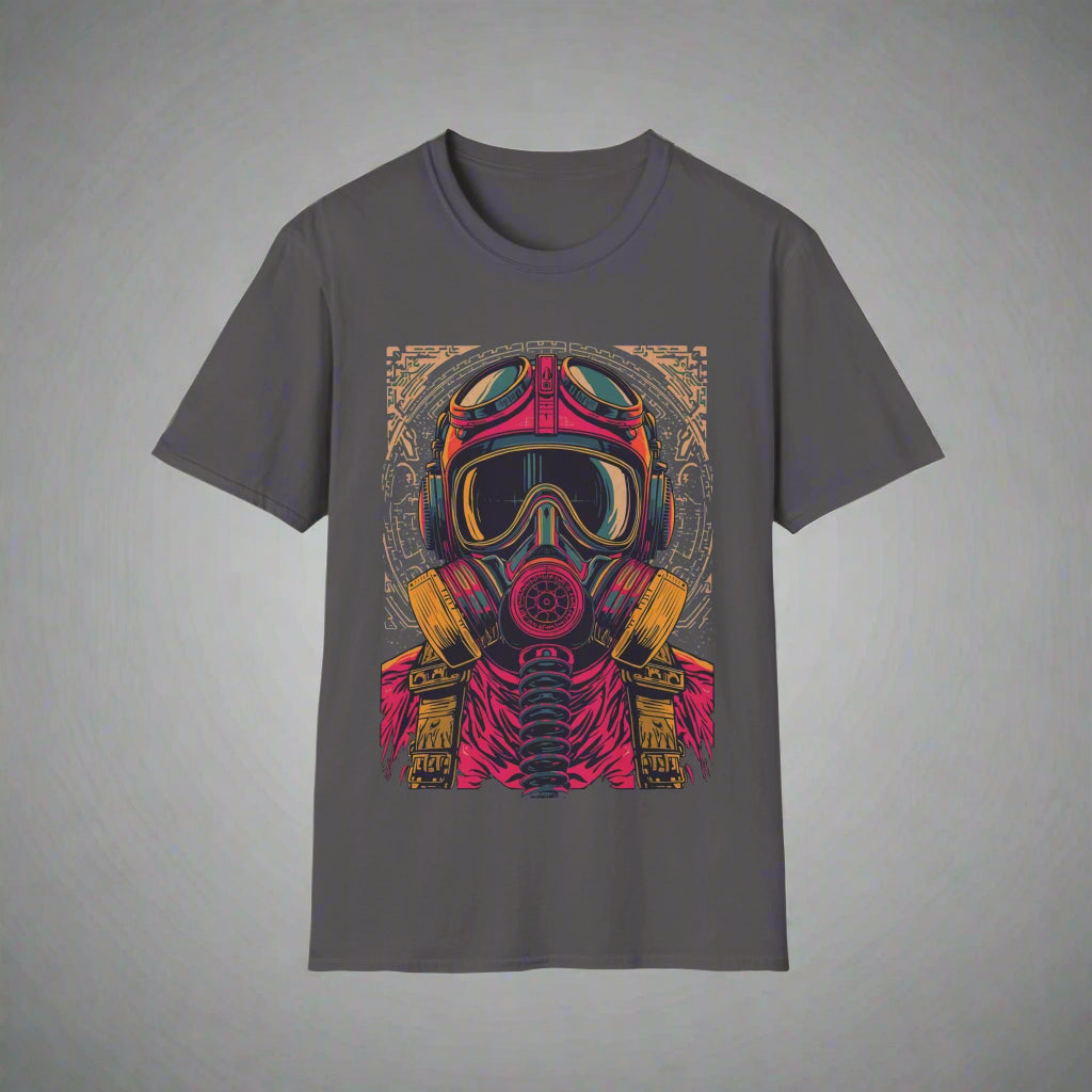 Gray t-shirt with a colorful graphic of a helmet and gas mask