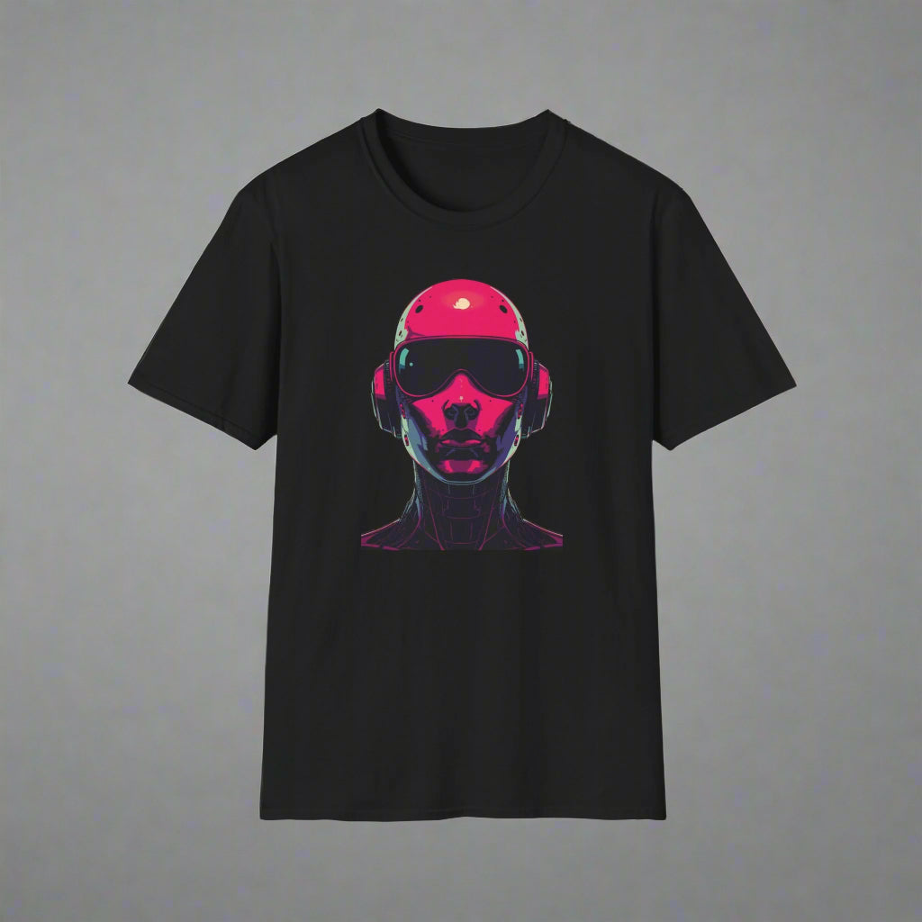 Black t-shirt with a colorful graphic of a face wearing sunglasses and headphones