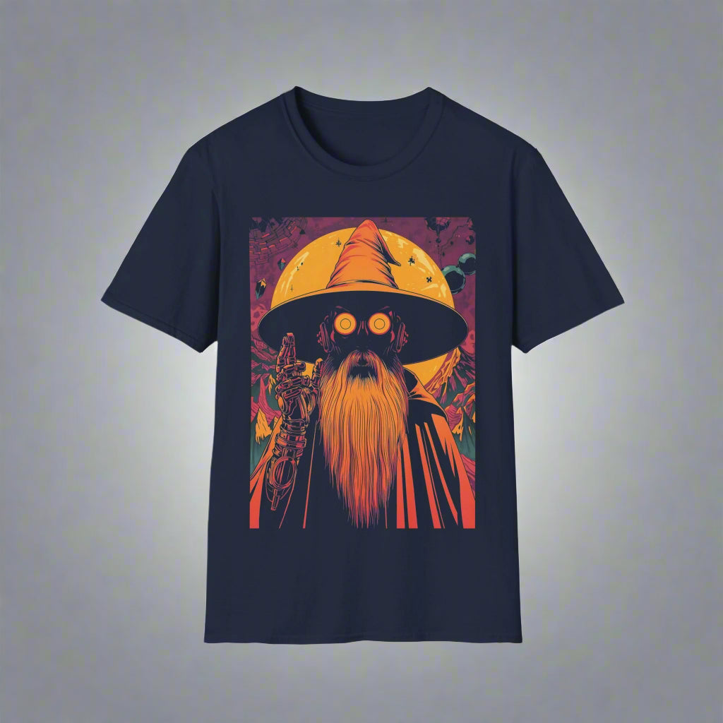 Navy blue t-shirt with a wizard graphic