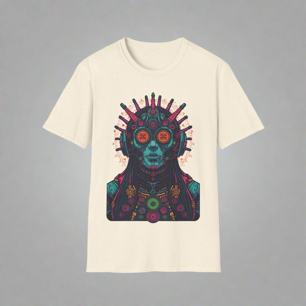 Beige t-shirt with a colorful alien design