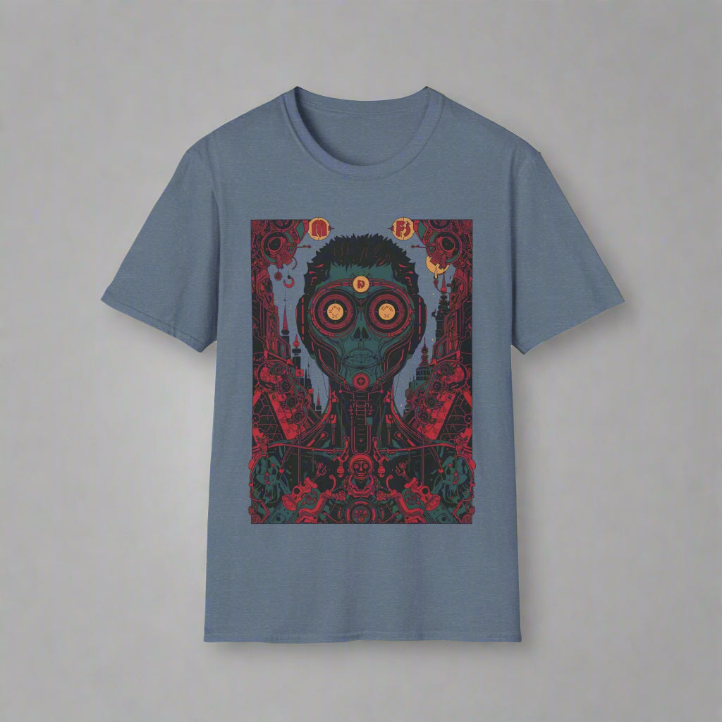 Blue t-shirt with a graphic design of a character with large eyes and red accents