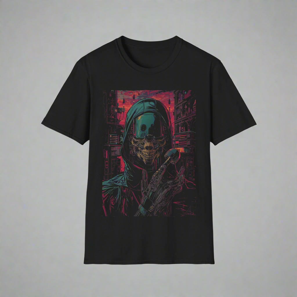 Black t-shirt with a graphic design of a hooded figure