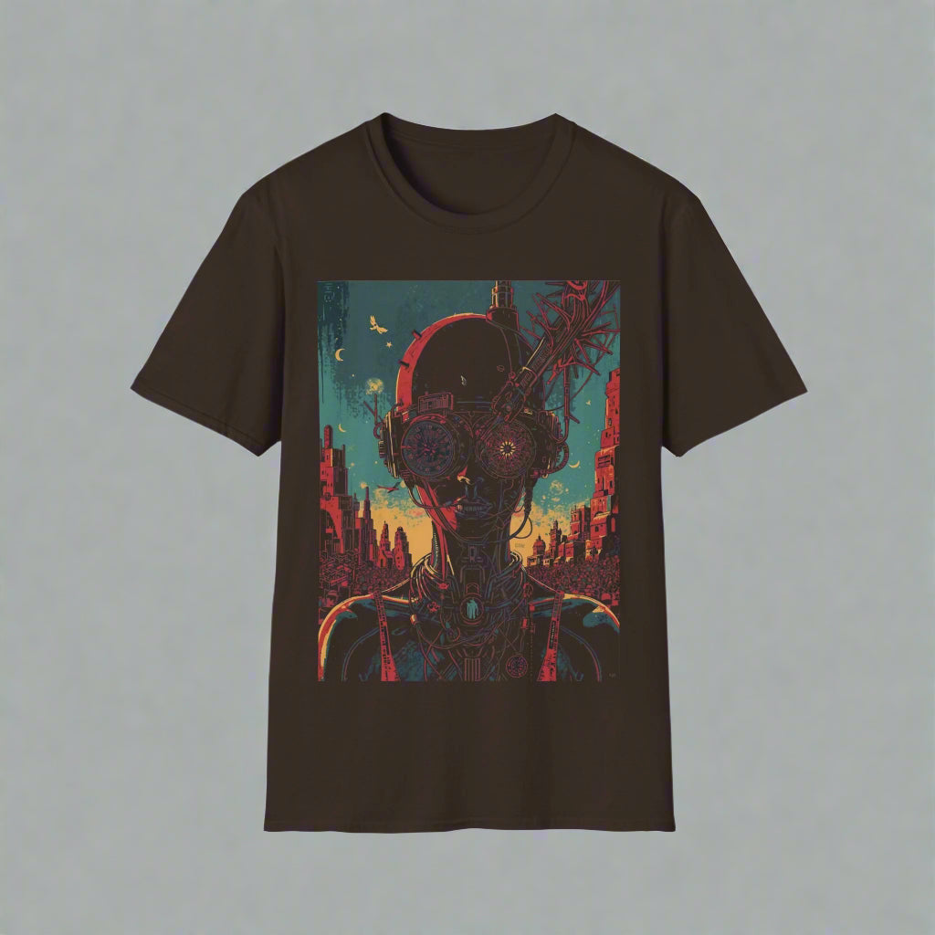 Black t-shirt with a futuristic robot design