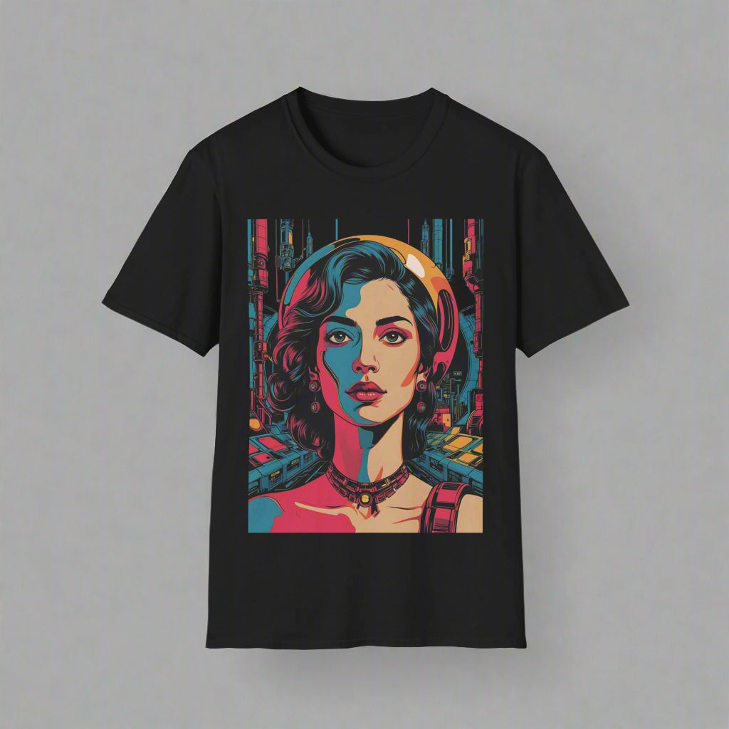 Black t-shirt with a colorful graphic of a woman's face