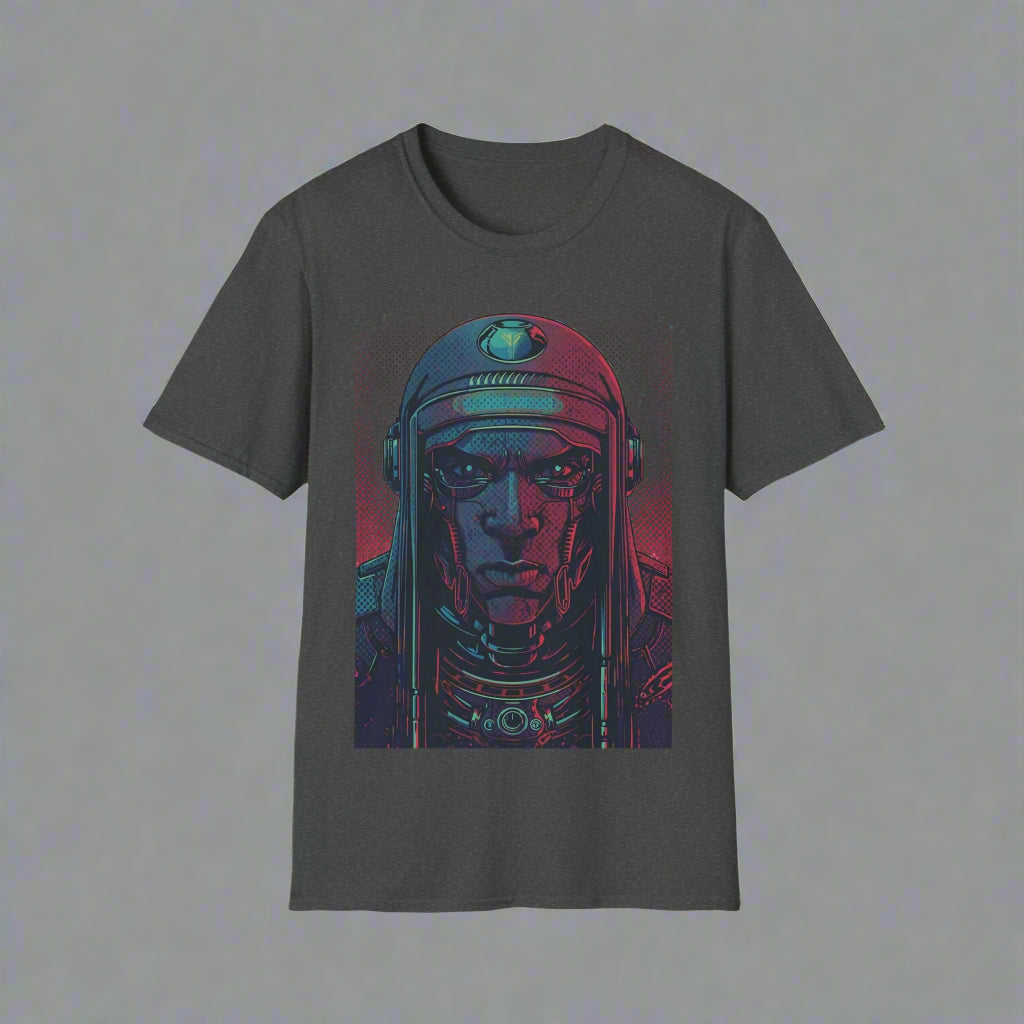 Dark gray t-shirt with a graphic of a character in a helmet