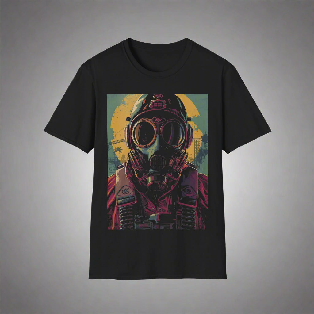 Black t-shirt with a graphic of a person wearing a gas mask