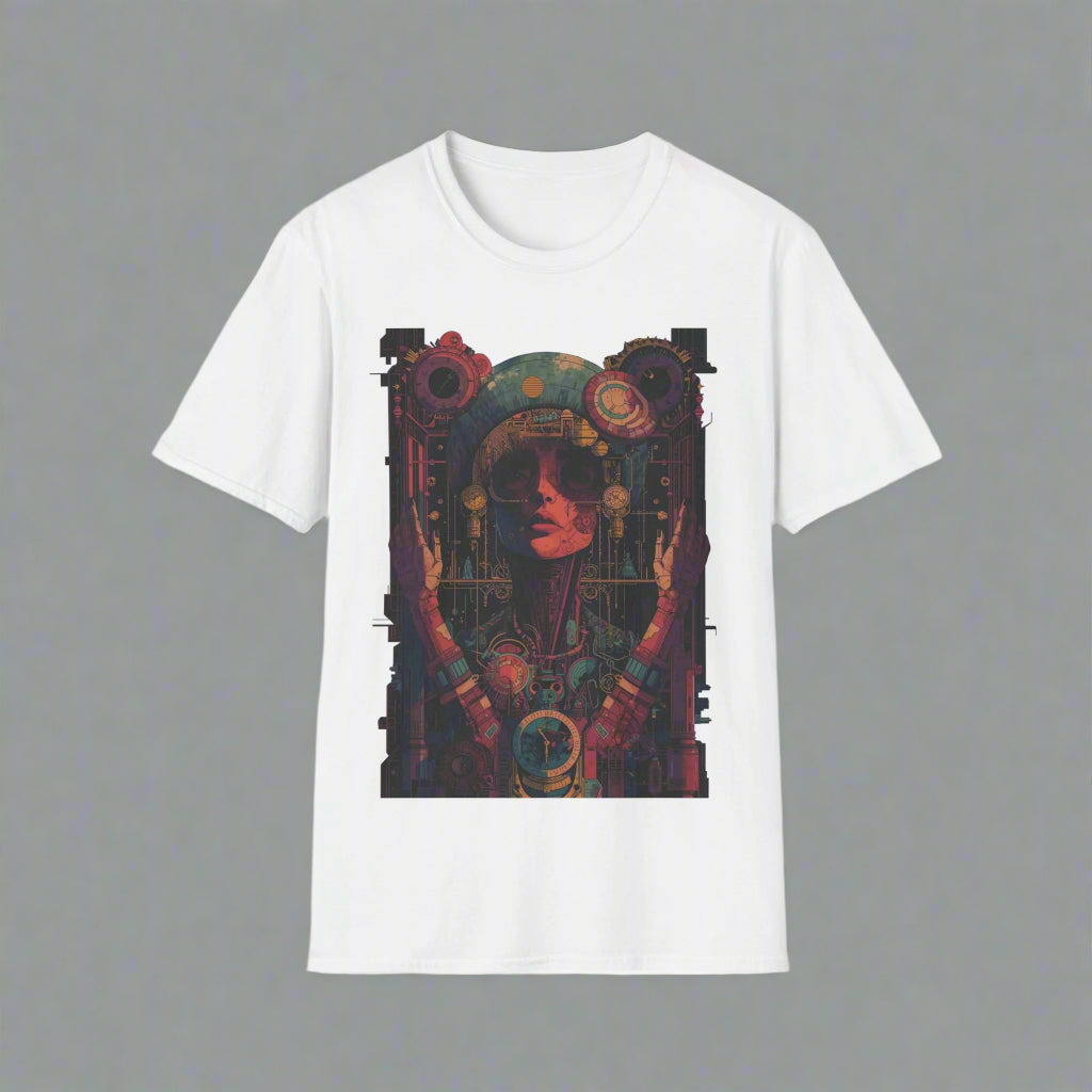 White t-shirt with a colorful graphic design