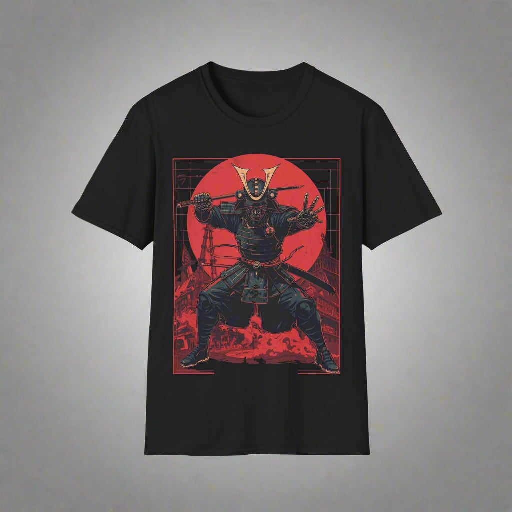 Black t-shirt with a red and black graphic of a warrior