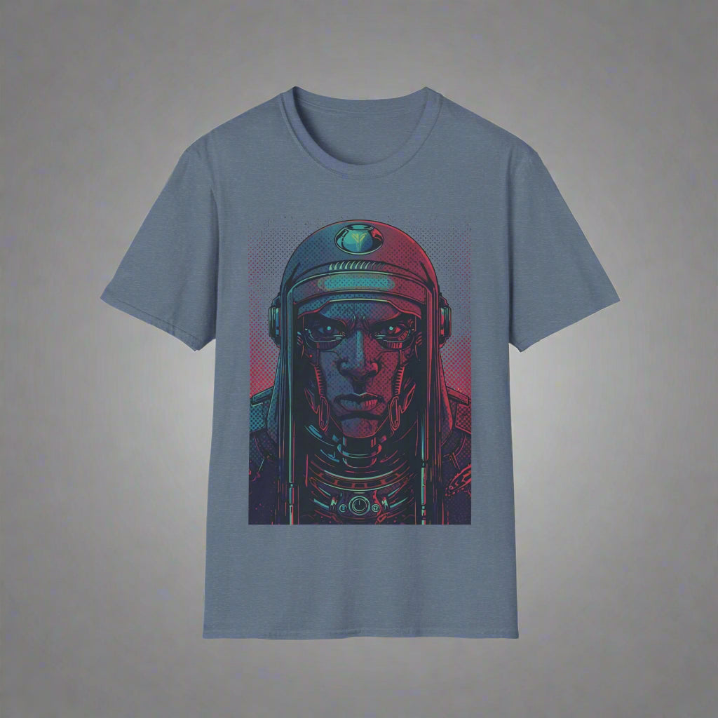 Blue t-shirt with a graphic of a robot's head