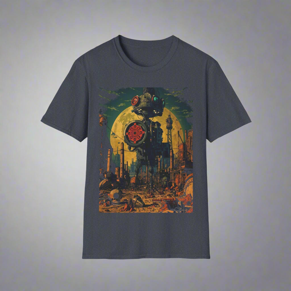 Gray t-shirt with a colorful graphic design