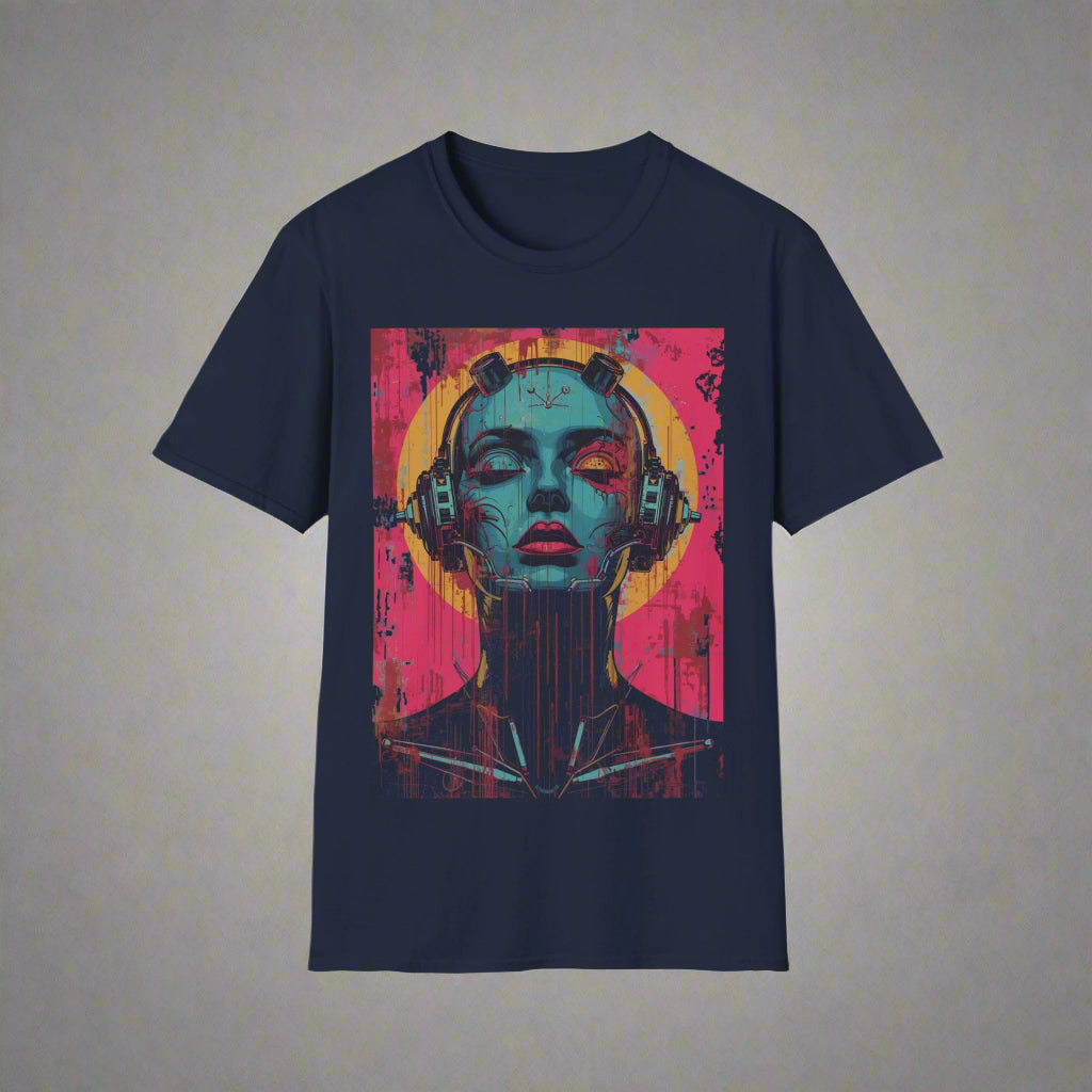 Navy blue t-shirt with a colorful graphic of a woman wearing headphones
