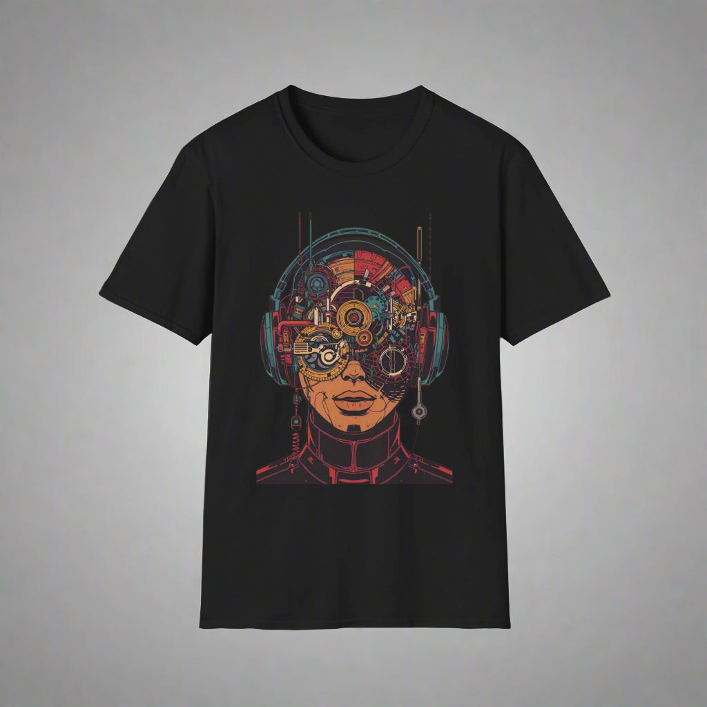 Black t-shirt with a colorful graphic design of a person wearing goggles and headphones